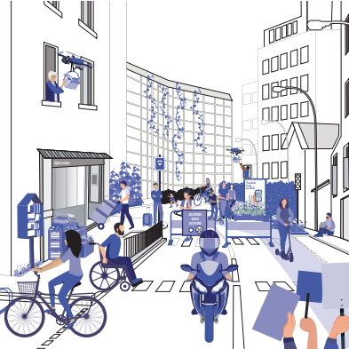 Illustration d'une rue avec plusieurs usages et mobilités