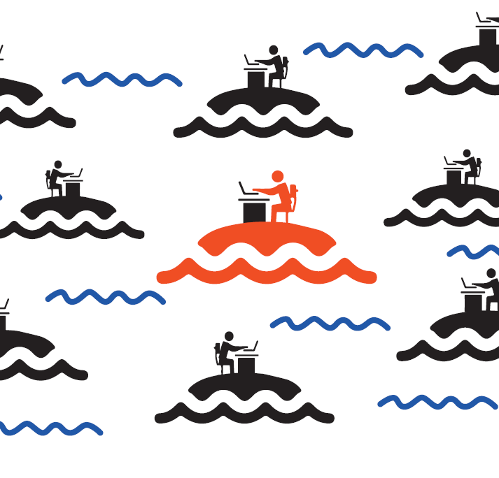Illustration d'un personnage travaillant sur une île, autour d'autres personnages similaires
