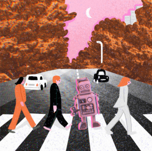 Illustration de trois personnes et un robot traversant le passage piéton d'Abbey Road. Dans le fond : deux voitures, des arbres, un immeuble et la lune.