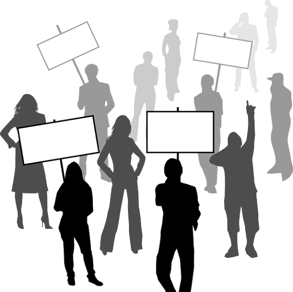 Illustration représentant des individus manifestant avec des pancartes