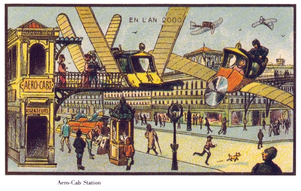 Illustration d'une ville imaginée dans les années 2000 avec des taxis volants et des arrêts spéciaux pour les taxis volants