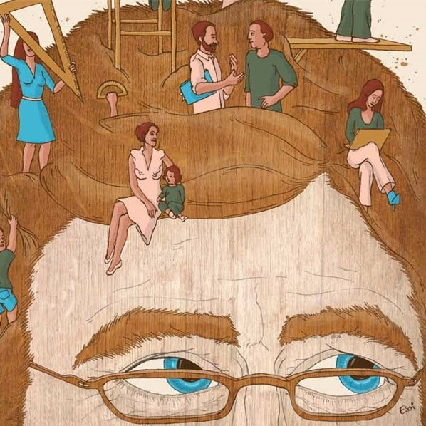 Illustration représentant le haut du visage d'un individu, sur lequel se baladent et vivent d'autres individus miniatures