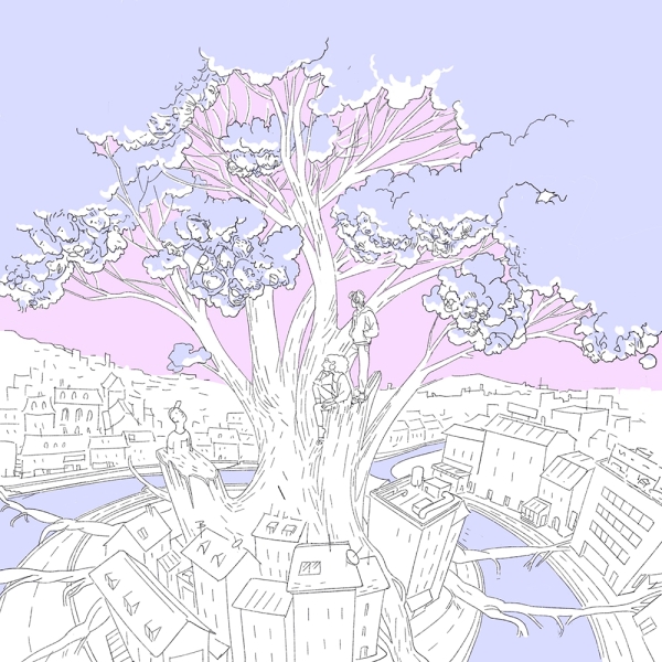 Illustration d'une île sur laquelle il y a un arbre et des bâtiments, sur l'arbre il y a des personnes en une personne qui sort de l'une des branches et plein de visages sortant des feuilles de l'arbre, l'île est entouré de deux rivières qui se lient de ses deux côtés et de l'autre côté des rivières il y a aussi un paysage urbain.