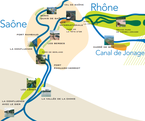 Extrait d'un carte représentant les fleuves de la métropole lyonaise