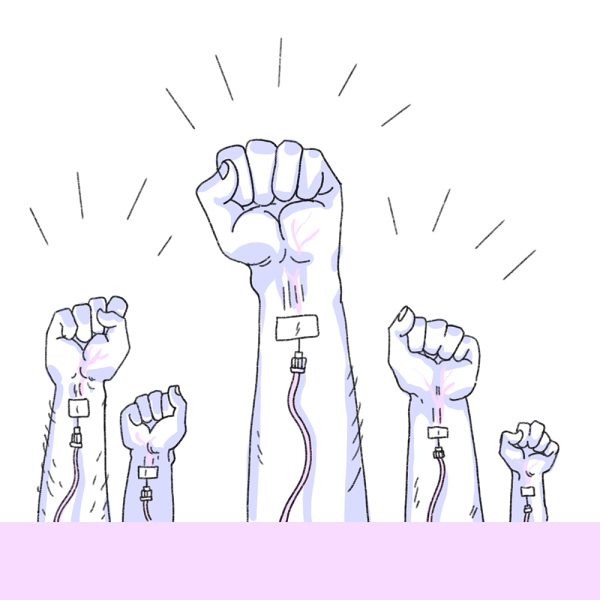 Illustration de 5 poings levés avec des tubes de sang sortant des bras