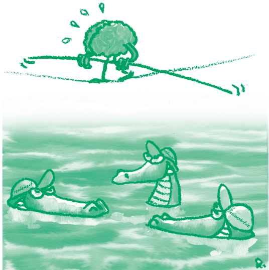 Illustration représentant un cerveau funambule au-dessus d'une rivière de crocodiles