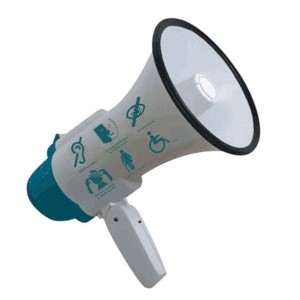 Illustration représentant un mégaphone sur lequel plusieurs logos représentant des situations de handicap sont représentés. 