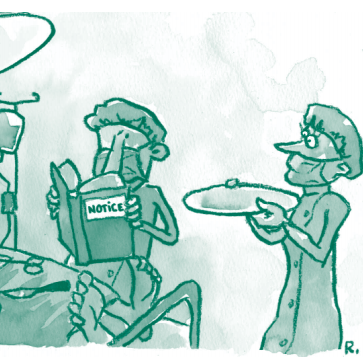 Illustration représentant un chirurgien lisant une notice, un infirmier à ses côtés lui tend un plateau vide, le visage interrogatif