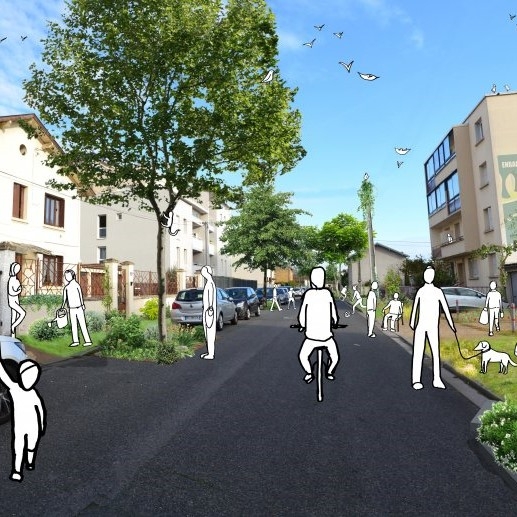 Photo d'une rue, avec des dessins de personnes se baladant 