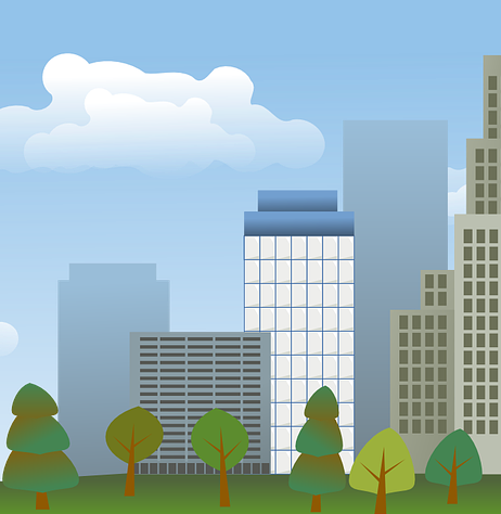 Illustration représentant une ville avec espaces verts en premier plan