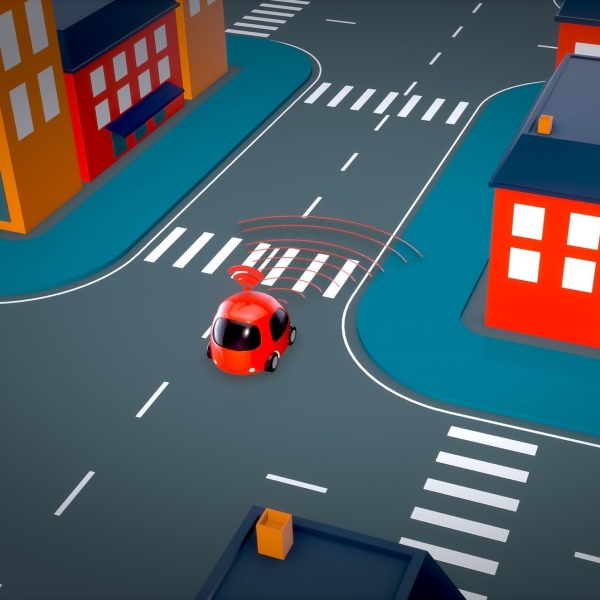 Illustration représentant une voiture automatique dont les capteurs détectent les mouvements alentours