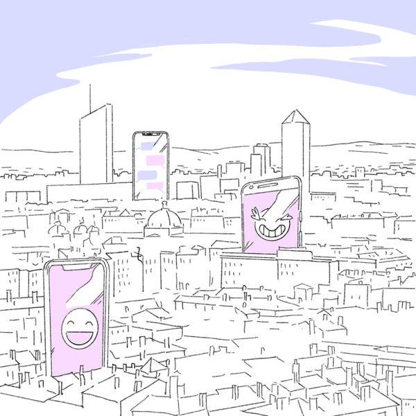 Illustration de Lyon et des toits des bâtiments, montrant les quatre gratte-ciels et parmi eux des écrans de smartphone avec des emojis et des textos