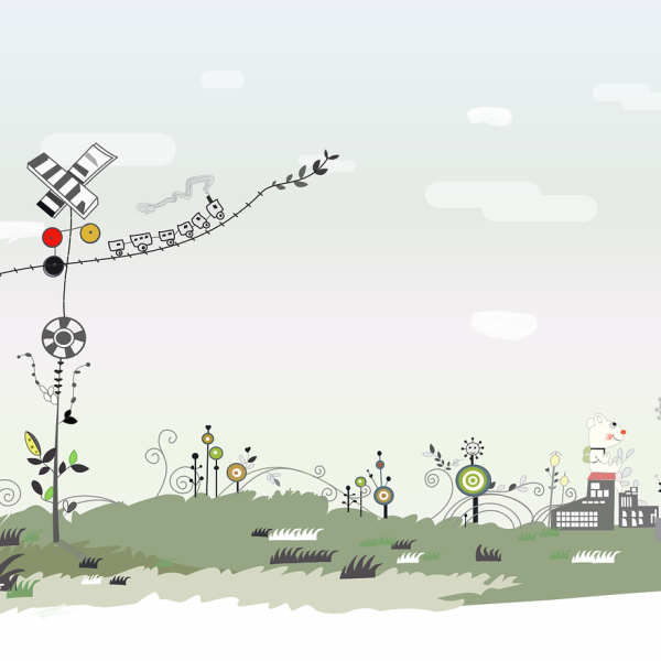 Illustration représentant une prairie avec au loin des bâtiments de la ville