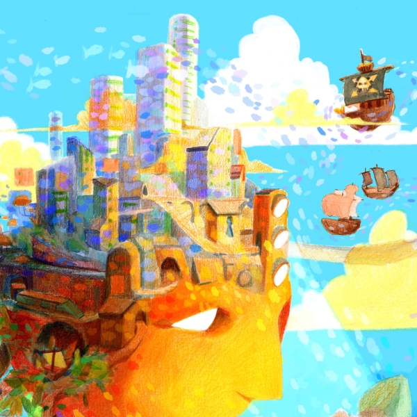 Illustration d'une tête avec une ville sur le haut du crâne