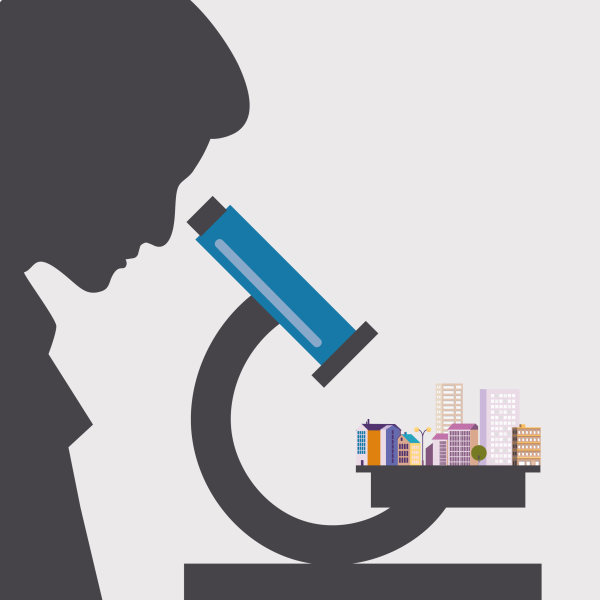 Illustration d'une personne regardant une ville à travers une loupe