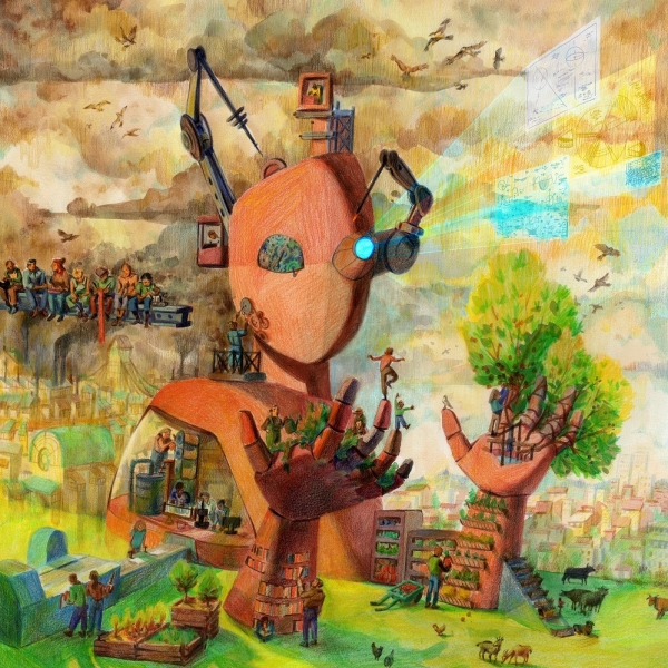 Illustration d'une figure entourée d'industrie