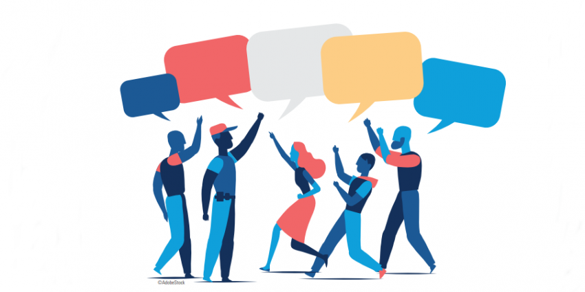 Illustration représentant un foule d'individus conversant