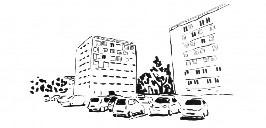 Illustration représentant un parking brûlant du plateau de Bel-Air – Secteur de la Cordière. Feutre et encre de Chine