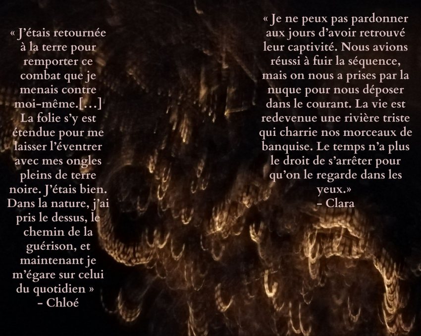 Sur fond noir des formes abstraites de couleur marron-doré, deux citations : "J'étais retournée à la terre pour remporter ce combat que je menais contre moi-même. [...] La folie s'y est étendue pour me laisser l'éventrer avec mes onglet pleins de terre noire. J'étais bien. Dans la nature, j'ai pris le dessus, le chemin de la guérison, et maintenant je m'égare sur celui du quotidien." - Chloé ; "Je ne peux pas pardonner aux jours d'avoir retrouvé leur captivité. Nous avions réussi à fuir la séquence, mais on nous a prises par la nuque pour nous déposer dans le courant. La vie est redevenue une rivière triste qui charrie nos morceaux de banquise. Le temps n'a plus le droit de s'arrêter pour qu'on le regarde dans les yeux." - Clara