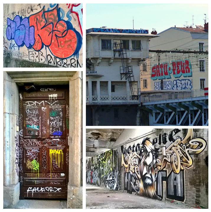 Tag (en bas à gauche), flop (Asure - en haut à gauche), graff (Peur et Satu-en haut à droite) et fresque (Heta - en bas à droite) sont les quatre principales disciplines qui composent le graffiti.