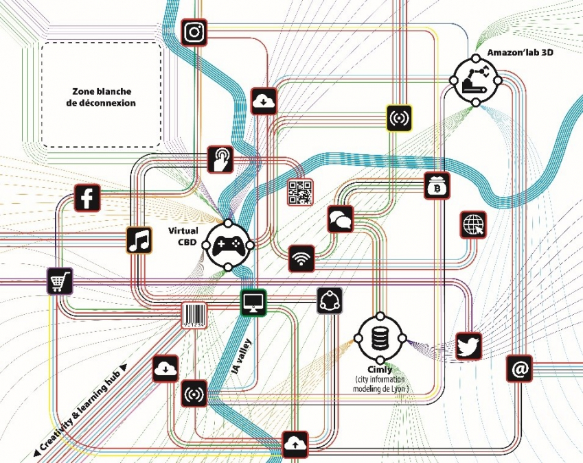 Carte alternative de la métropole de Lyon en 2040 représentant la ville en tant que creativity&learning hub. Toute la ville est connectée à de divers réseaux : au centre - grand cercle Virtual CBD avec l'image d'une manette de console, au sud-est, grand cercle avec image de monnaie dessus représentant la Cimly (city information modeling de Lyon) et au nord-est grand cercle avec image de bras robotique représentant Amazon'Lab 3D. Le reste de la Ville est connectée aux réseaux sociaux tels Facebook, Instagram et Twitter, Cloud, web, codes barres, e-shopping, mailing, musique, Wi-Fi, messages électroniques, ordinateurs, connexion à internet. En haut à gauche, dans le coin nord-ouest de la carte on retrouve un grand rectangle désignant une Zone blanche de déconnexion.