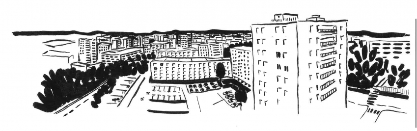 Panorama depuis le 12ème étage d’une tour du quartier de Bel-Air, illustration au feutre et à l'encre de Chine.