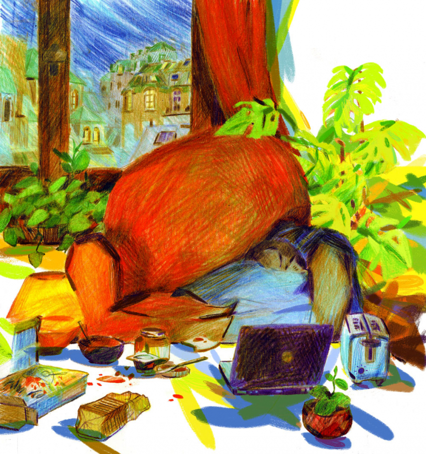 Illustration d'un fauteuil vide avec un habit jeté dessus, en arrière plan, une fenêtre avec des plantes sur le bord, dehors, on voit qu'il fait nuit, des immeubles avec des lumières allumées, devant le fauteuil, une table basse avec un ordinateur portable allumé posé dessus, un grille-pain, une confiture ouverte, un bol de céréales, un paquet de crackers, des taches de confiture sur la nappe, une petite plante derrière l'ordinateur