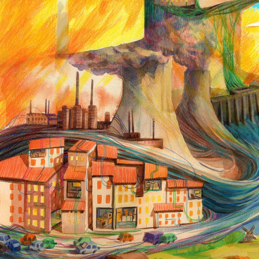 Illustration de logement et d'une centrale nucléaire à côté