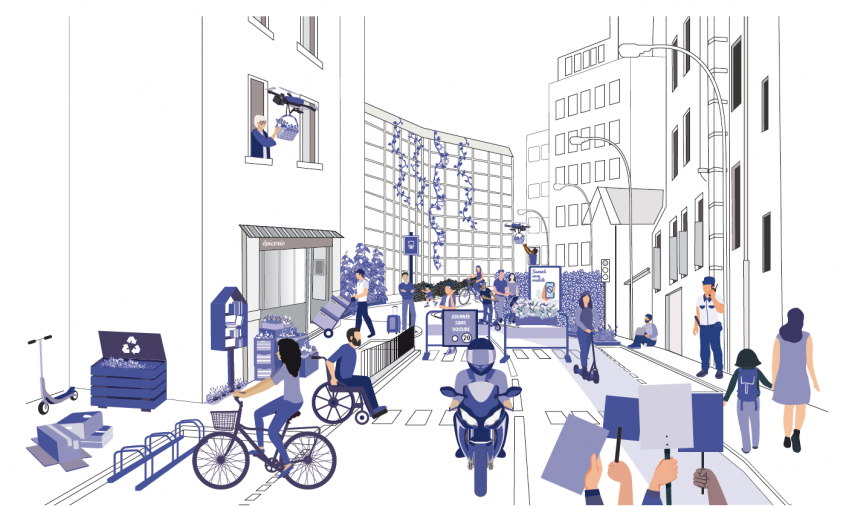 Illustration d'une rue représentant différentes mobilités