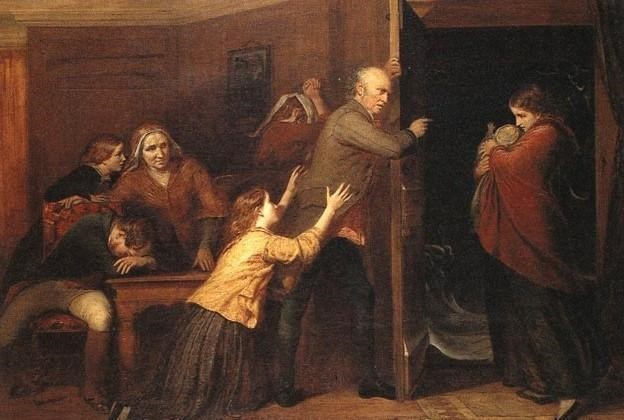 Peinture d'une famille dans la tourmente face à une femme portant un nouveau-né