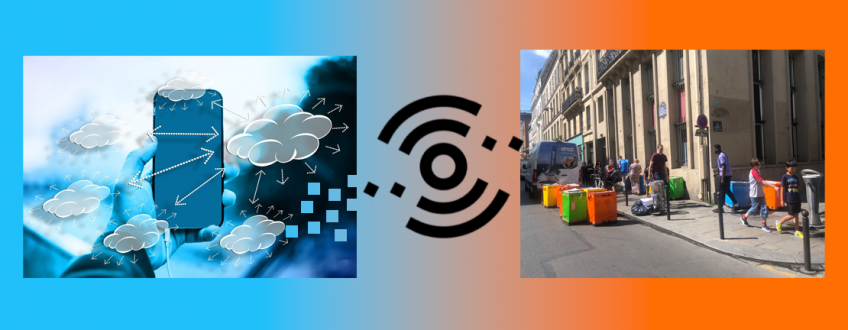 à gauche image d'une personne tenant son portable qui fait sortir plein de nuages avec des flèches; transition vers la droite avec une photo de pleins de colis entassés sur un trottoir