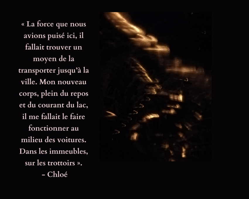 Sur fond noir des formes abstraites de couleur marron-doré, une citation : "La force que nous avons puisée ici, il fallait trouver un moyen de la transporter jusqu'à la ville. Mon nouveau corps, plein du repos et du courant du lac, il me fallait le faire fonctionner au milieu des voitures. Dans les immeubles, sur les trottoirs." - Chloé