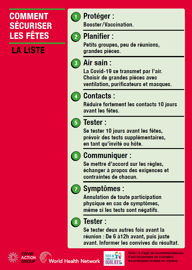 Tableau "Comment sécuriser les fêtes : la liste" : 1- Protéger : booster/vaccination. 2- planifier : petits groupes, peu de réunions, grandes pièces. 3- air sain : la covid-19 se transmet par l'air. choisir de grandes pièces avec ventilation, purificateurs et masques. 4- contacts : réduire fortement les contacts 10 jours avant les fêtes. 5- tester : se tester 10 jours avant les fêtes, prévoir des tests supplémentaires, en tant qu'invité ou hôte. 6- communiquer : se mettre d'accord sur les règles, échanger à propos des exigences et contraintes de chacun. 7- symptôme : annulation de toute participation physique en cas de symptôme, même si les tests sont négatifs. 8-tester : se tester deux autres fois avant la réunion. de 6 à 12h avant, puis juste avant. informer les convives du résultat.
