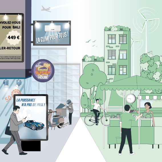 Illustration d'une rue en ville, partagée entre une surconsommation d'énergies et de matériaux, et une autre moins polluante