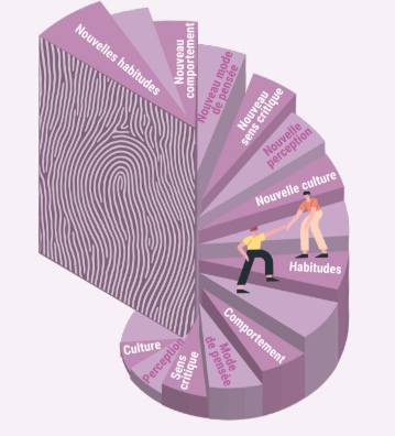 Schéma d'une transition culturelle. Un escalier ou chaque marche représente une étape. Culture mène à perception puis la perception à sens critique, ensuite le mode de pensée, le comportement, les habitudes, la nouvelle culture, la nouvelle perception, le nouveau sens critique, le nouveau mode de pensée, le nouveau comportement, les nouvelles habitudes.