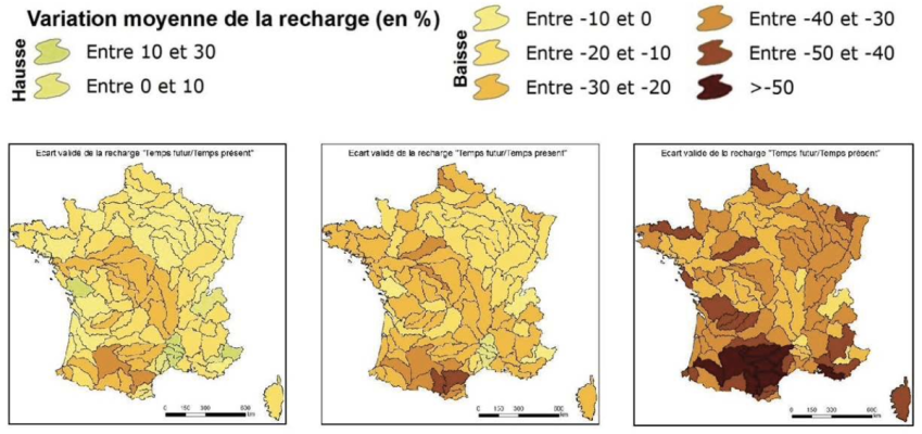 3 cartes représentant les moyennes minimale moyenne et maximale. La première carte représente une variation moyenne de la recharge de -20% et -10% La deuxième carte représente une variation moyenne de la recharge de -30% et -20% pour la troisième carte on retrouve une variation moyenne de la recharge de -50% et -40%