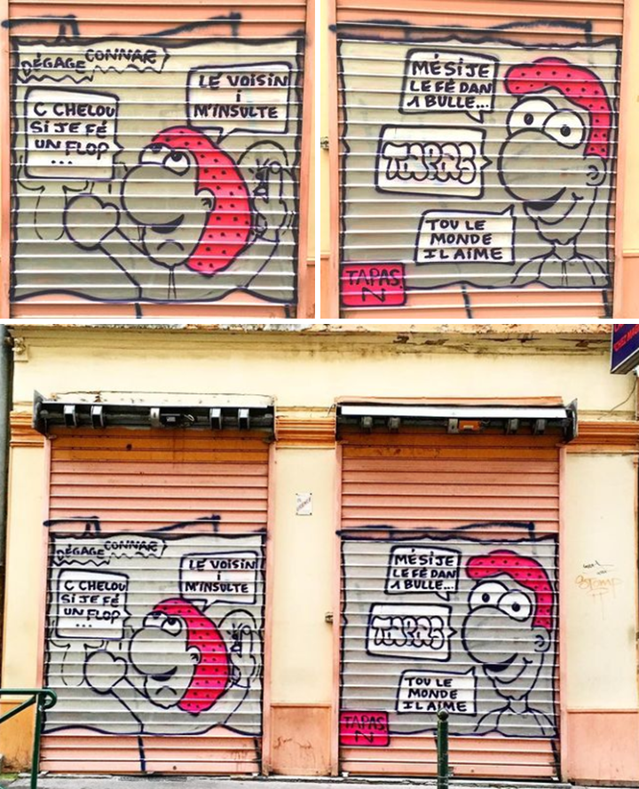 Tapas Nocturne réalise dans la rue des bande-dessinées dans lesquelles il intègre des lettrages. Cette « astuce » lui permet de faire du graffiti sans que cela soit perçu comme tel par un public non averti, révélant ainsi la connotation négative dont est affublé le lettrage, contrairement à d’autres formes d’expressions dans l’espace public. 