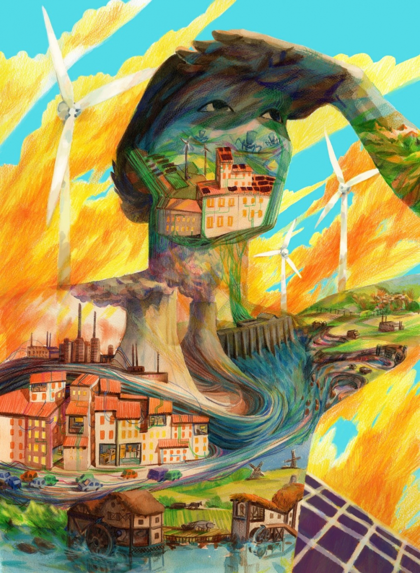 Illustration d'un personnage regardant au loin, entouré des différents moyens de productions d'énergie (solaire, éolien, nucléaire, etc)