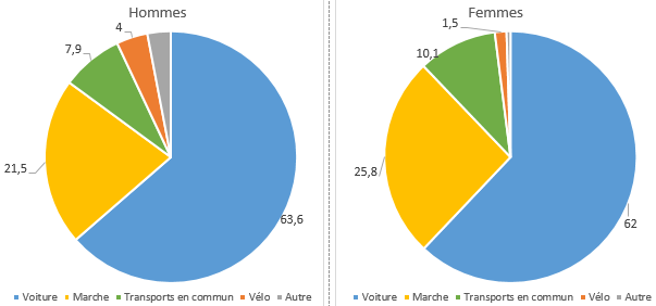 Hommes : 63% en voiture, 21% en marche, 8% en transports en commun, 4% Vélo. Femmes : 62% en voiture, 26% en marche, 10% en transports en commun, 2% en vélo