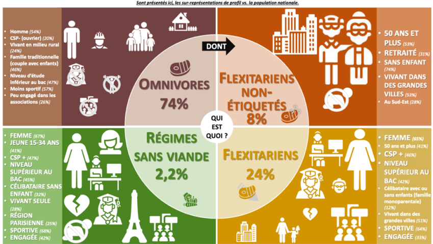 Sur-représentations de profil vs population nationale : Omnivores : 74% représentés par des hommes, ouvrier, vivant en milieu rural, famille traditionnelle, niveau d'étude inférieur au bac, moins sportif, peu engagé dans les associations. Flexitariens non-étiquetés : 8% : 50 ans et plus, retraité, sans enfant, vivant dans des grandes villes, au sud-est. Régimes sans viande : 2.2% : Femme, jeune 15-34 ans, CSP+, niveau supérieur au bac, célibataire sans enfant, vivant seule, région parisienne, sportive, engagée. Flexitariens : 24%, femme, 50 ans et plus, CSP+, Niveau supérieur au bac, célibataire avec ou sans enfants (famille monoparentale), vivant dans des grandes villes, sportive, engagée.