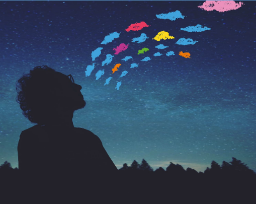 Une personne avec des lunettes observant le ciel nocturne et qui voit un arc en ciel composé de plein de nuages différents et coloriés
