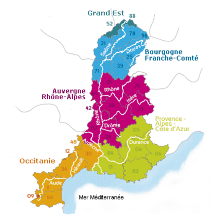 Carte montrant les département impacté par le Rhône