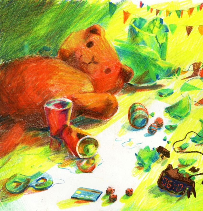 Illustration d'une peluche et de verre brisé