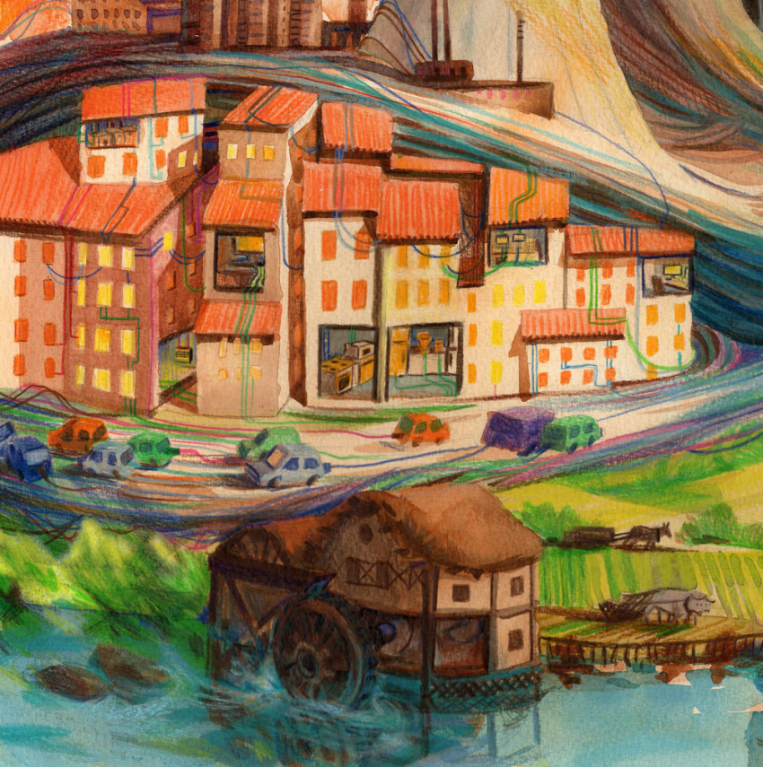 Illustration d'un village et d'un moulin à eau