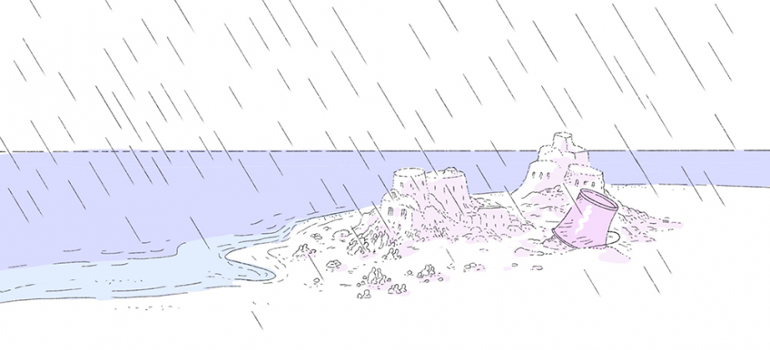 Illustration d'une plage avec des châteaux de sable et des gens en sable tout petits sur lesquels il est en train de pleuvoir