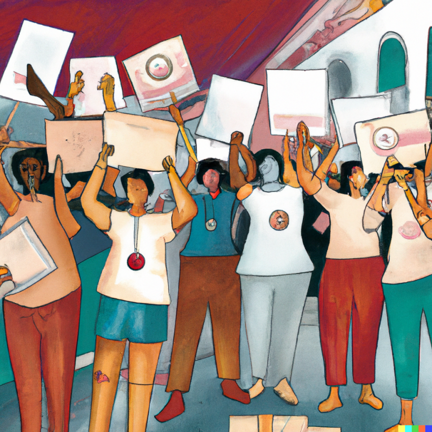 Illustration de manifestants, visages vides, avec des pancartes, sans écriture