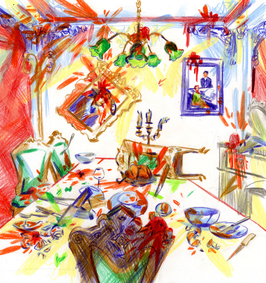 Illustration d'une table à manger dans une famille aristocrate, scène après dispute : en arrière plan un tableau portrait et une photo encadrée d'un homme d'affaires et de sa secrétaire en train de taper sur la machine à écrire, le tableau illustre un portrait d'homme, il est penché à 30° et percé par un couteau, des taches de sauce sur tout le mur; en premier plan, une chaise est renversée sur la table, des verres et des assiettes cassés, des couteaux perçant la table, un bougeoir avec des bougies éteintes et une penchée, prête à se casser, des fourchettes pointant depuis le dossier d'une chaise, des taches rouges sur toute la nappe, les chaises et la cheminée, au centre de la table un poulet rôti entier, pas mangé