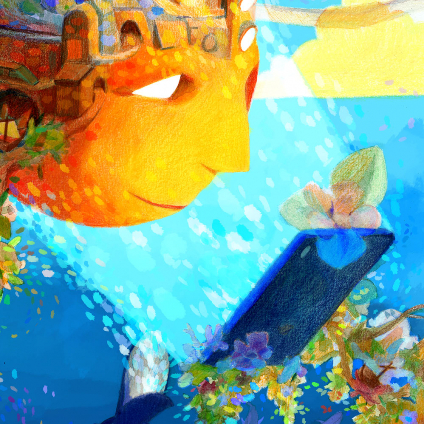 Illustration d'un visage regardant un téléphone dans une ambiance maritime