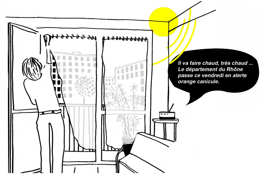 Illustration représentant une femme dans son appartement fermant ses volets. La radio annonce "Il va faire chaud, très chaud... Le département du Rhône passe ce vendredi en alerte orange canicule"