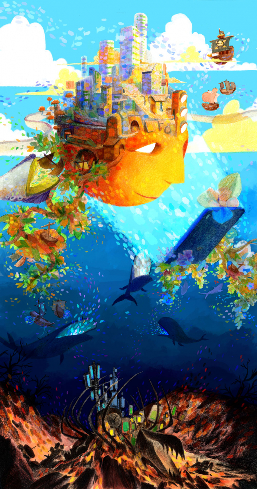 Illustration d'un visage regardant un téléphone dans une ambiance maritime